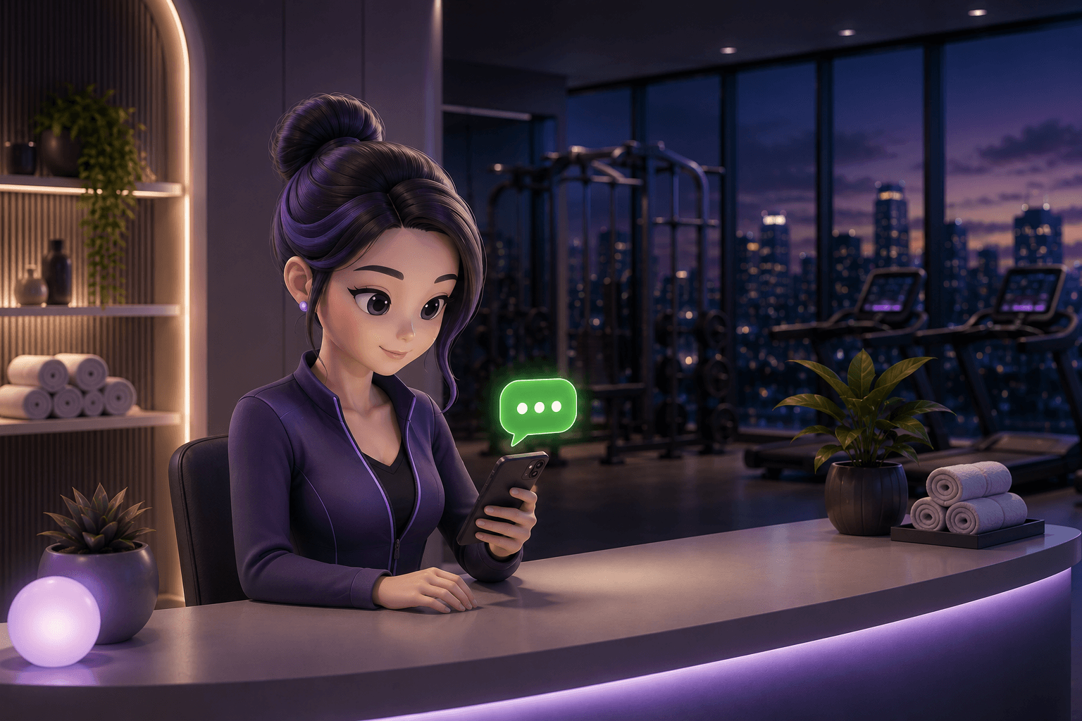 Megan at the gym's front desk, answering a WhatsApp message